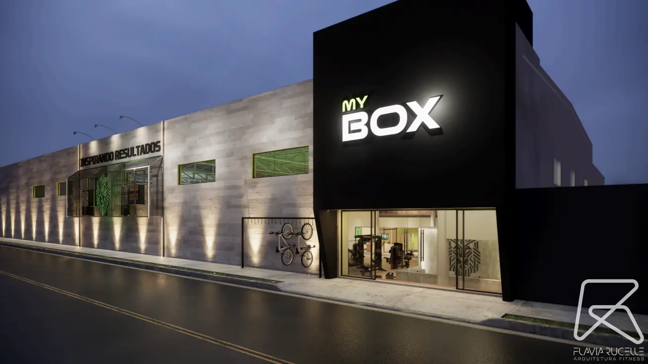 Projeto de fachada de uma unidade My Box à noite